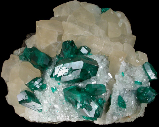 Dioptase on Calcite with Quartz from Tsumeb Mine, Otavi-Bergland District, Oshikoto, Namibia