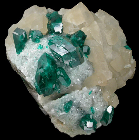 Dioptase on Calcite with Quartz from Tsumeb Mine, Otavi-Bergland District, Oshikoto, Namibia