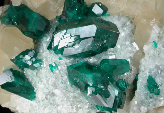 Dioptase on Calcite with Quartz from Tsumeb Mine, Otavi-Bergland District, Oshikoto, Namibia