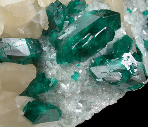 Dioptase on Calcite with Quartz from Tsumeb Mine, Otavi-Bergland District, Oshikoto, Namibia