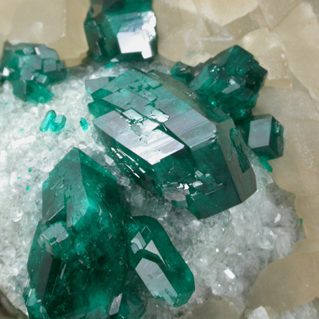 Dioptase on Calcite with Quartz from Tsumeb Mine, Otavi-Bergland District, Oshikoto, Namibia