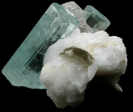 Beryl var. Aquamarine with Muscovite on Albite from Nagar, Hunza Valley, Gilgit District, Gilgit-Baltistan, Pakistan