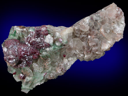 Cuprite on Calcite and Malachite from Tsumeb Mine, Otavi-Bergland District, Oshikoto, Namibia