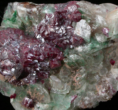 Cuprite on Calcite and Malachite from Tsumeb Mine, Otavi-Bergland District, Oshikoto, Namibia