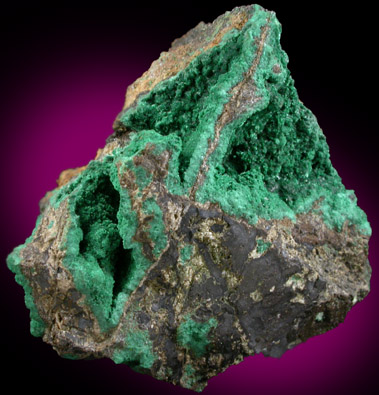 Malachite from (labeled as Olivenite on old French label), Cornwall, England