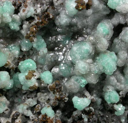 Calcite over Rosasite with Goethite from Omega Mine, Helvetia District, Pima County, Arizona