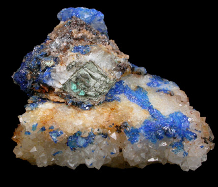 Linarite, Anglesite, Cerussite pseudomorph after Galena on Quartz from Blanchard Mine, Hansonburg District, 8.5 km south of Bingham, Socorro County, New Mexico