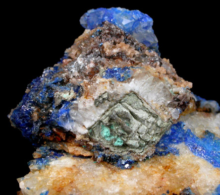 Linarite, Anglesite, Cerussite pseudomorph after Galena on Quartz from Blanchard Mine, Hansonburg District, 8.5 km south of Bingham, Socorro County, New Mexico