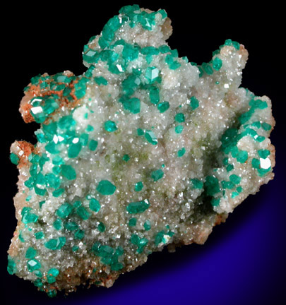 Dioptase on Calcite from Tsumeb Mine, Otavi-Bergland District, Oshikoto, Namibia