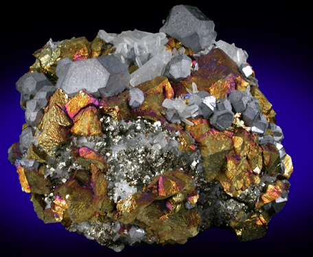 Galena, iridescent chalcopyrite, Quartz, Pyrite from Borieva Reka Mine, Madan District, Rhodope Mountains, Bulgaria