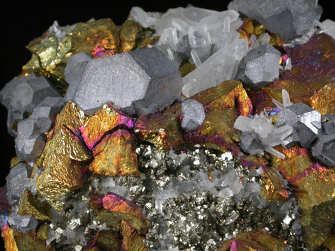 Galena, iridescent chalcopyrite, Quartz, Pyrite from Borieva Reka Mine, Madan District, Rhodope Mountains, Bulgaria