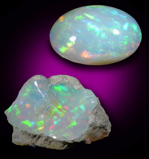 Opal var. Crystal Fire Opal (cabochon and rough) from 570 km north of Addis Ababa, Wello (Wollo), Delanta Plateau, Tigray, Ethiopia