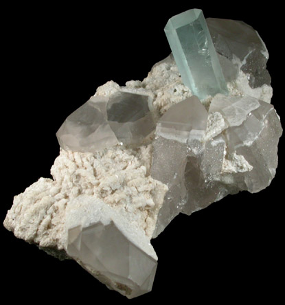 Beryl var. Aquamarine on Quartz with Albite from Shigar Valley, Skardu District, Baltistan, Gilgit-Baltistan, Pakistan