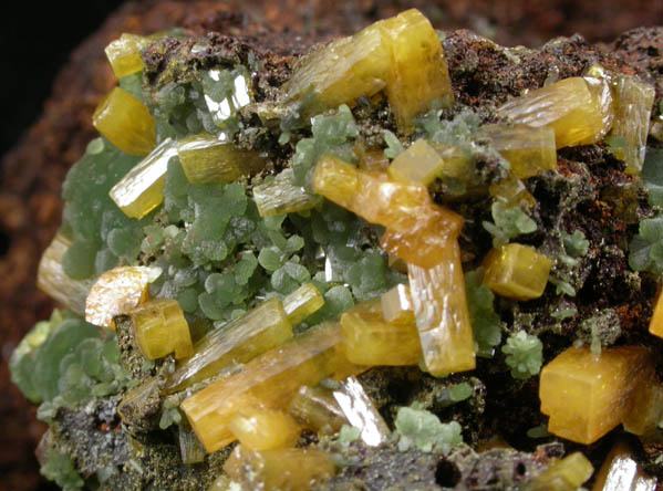 Wulfenite (pseudo-scalenohedral crystals) with Mimetite from Mina Ojuela, San Juan Poniente Vein, Level 6, Mapimi, Durango, Mexico