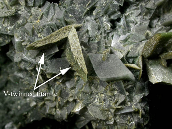 Titanite var. Sphene (V-twinned crystals) with Orthoclase var. Adularia from Medels, Grischun, Switzerland
