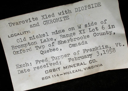 Grossular Garnet (chrome-rich) on Diopside from Orford Nickel Mine, 5.6 km southwest of Saint-Denis-de-Brompton, Québec, Canada