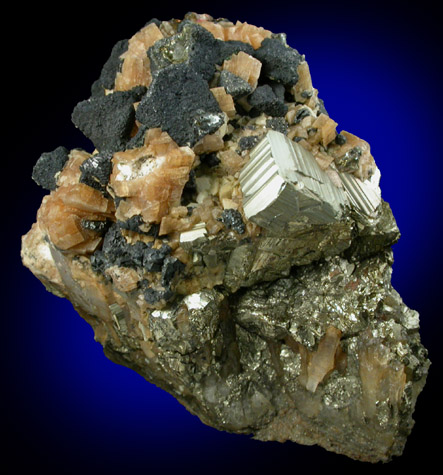 Stephanite on Pyrite with Siderite from Grand Prize Mine, Tuscarora, Elko County, Nevada