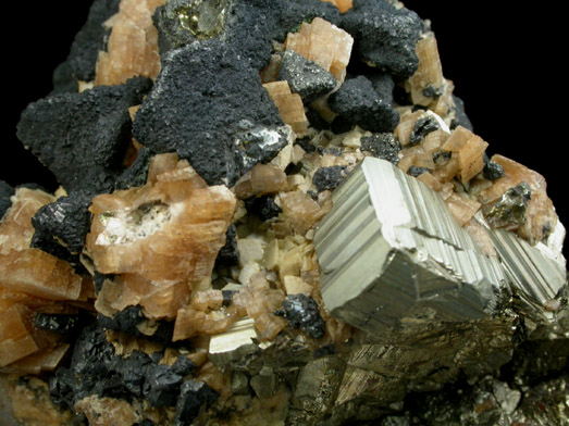 Stephanite on Pyrite with Siderite from Grand Prize Mine, Tuscarora, Elko County, Nevada