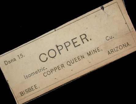 Copper from Copper Queen Mine, Bisbee, Warren District, Cochise County, Arizona