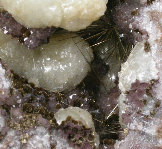 Millerite on Quartz with Dolomite and Stilpnomelane from Sterling Mine, Antwerp, Jefferson County, New York