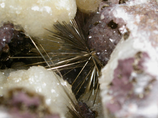 Millerite on Quartz with Dolomite and Stilpnomelane from Sterling Mine, Antwerp, Jefferson County, New York