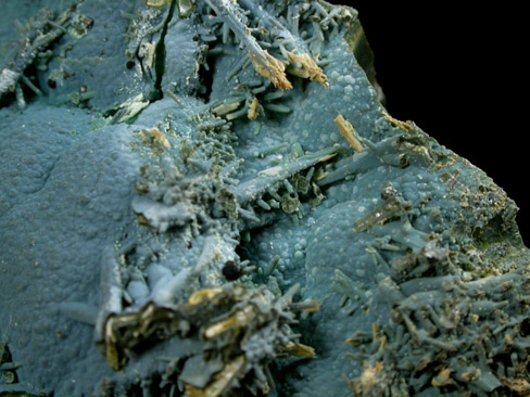 Chrysocolla pseudomorph after Vanadinite and after Wulfenite from Globe-Miami District, Gila County, Arizona