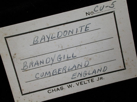 Bayldonite from Brandy Gill Mine, Caldbeck Fells, Cumberland, England
