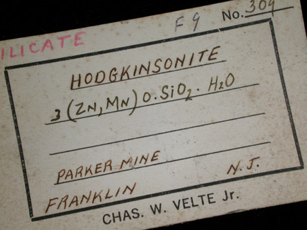 Hodgkinsonite, Willemite and Franklinite from Parker Shaft, Franklin, Sussex County, New Jersey (Type Locality for Hodgkinsonite and Franklinite)