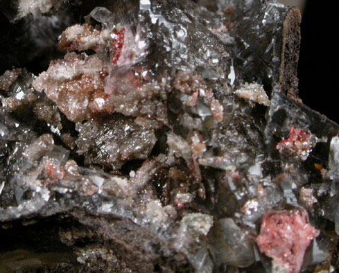 Minium with Aragonite over Galena on Calcite from Quijotan Mine, Pima County, Arizona