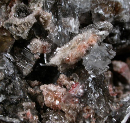 Minium with Aragonite over Galena on Calcite from Quijotan Mine, Pima County, Arizona