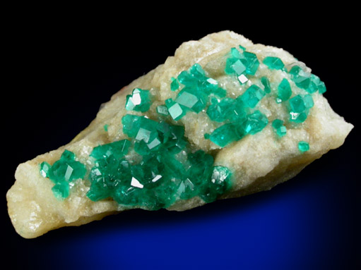 Dioptase on Calcite from Tsumeb Mine, Otavi-Bergland District, Oshikoto, Namibia