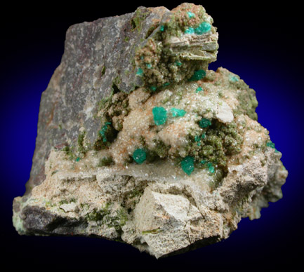 Dioptase on Quartz from Table Mountain Mine, Virgus Canyon, Pinal County, Arizona