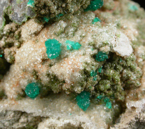 Dioptase on Quartz from Table Mountain Mine, Virgus Canyon, Pinal County, Arizona