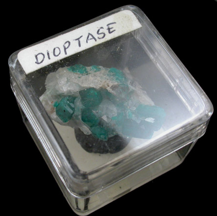 Dioptase with Quartz on Calcite from Guchab Mine, Otavi Mountain Land, Namibia