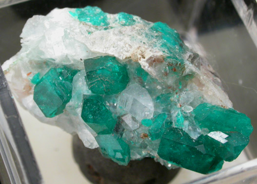 Dioptase with Quartz on Calcite from Guchab Mine, Otavi Mountain Land, Namibia