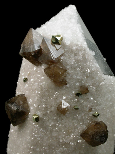 Scheelite, Pyrite, Dolomite on Quartz from Yaogangxian Mine, Nanling Mountains, Hunan Province, China