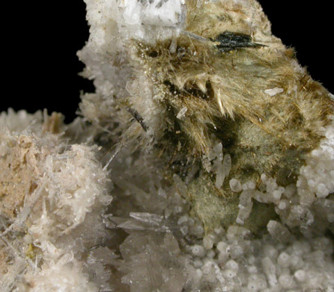 Leifite and Calcite with Aegirine from Poudrette Quarry, Mont Saint-Hilaire, Qubec, Canada