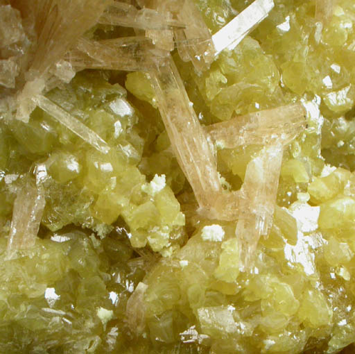 Celestine on Sulfur from Machow Mine, Tarnobrzeg, Poland