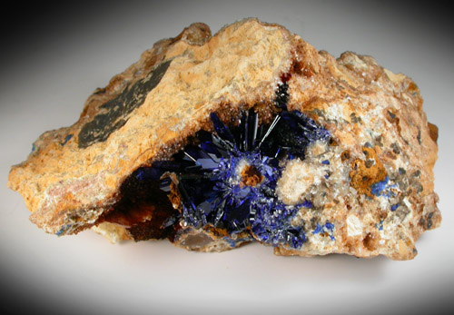 Azurite with Malachite on Calcite from Concepcin del Oro, Zacatecas, Mexico