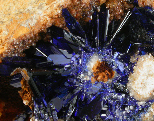 Azurite with Malachite on Calcite from Concepcin del Oro, Zacatecas, Mexico