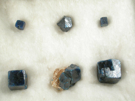 Boleite - set of six crystals in Riker Mount from Boleo District, near Santa Rosala, Baja California Sur, Mexico (Type Locality for Boleite)