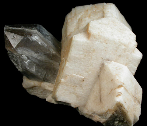Microcline (Manebach-law twinned crystals) with Quartz var. Smoky from Moat Mountain, Hale's Location, Carroll County, New Hampshire