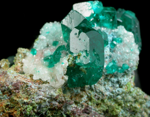 Dioptase on Calcite with Duftite from Tsumeb Mine, Otavi-Bergland District, Oshikoto, Namibia (Type Locality for Duftite)