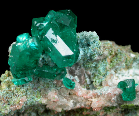 Dioptase on Calcite with Duftite from Tsumeb Mine, Otavi-Bergland District, Oshikoto, Namibia (Type Locality for Duftite)