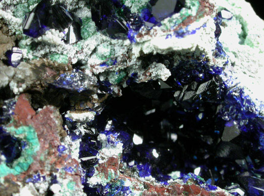 Azurite on Chrysocolla, Malachite from 4750' bench, Dispatch Hill, Morenci Mine, Greenlee County, Arizona