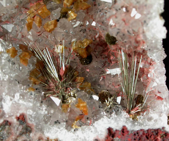 Millerite on Quartz with Dolomite and Stilpnomelane from Sterling Mine, Antwerp, Jefferson County, New York