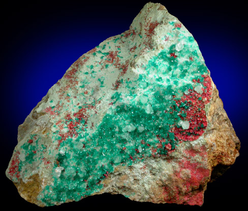 Dioptase, Cuprite var. Chalcotrichite, Calcite from Christmas Mine, Banner District, Gila County, Arizona