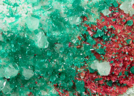 Dioptase, Cuprite var. Chalcotrichite, Calcite from Christmas Mine, Banner District, Gila County, Arizona