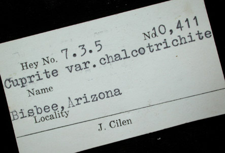 Cuprite with Malachite and Cuprite var. Chalcotrichite from Bisbee, Warren District, Cochise County, Arizona