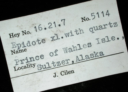 Epidote with Quartz from Green Monster Mountain-Copper Mountain area, south of Sulzer, Prince of Wales Island, Alaska